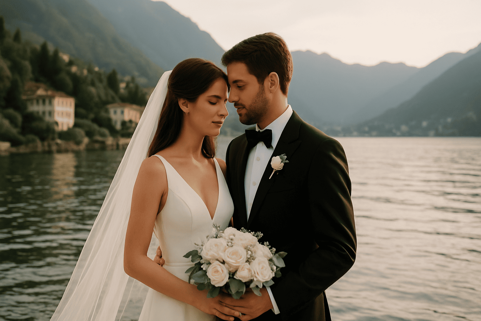 Boldog ifjú pár a Comói-tónál, lélegzetelállító tájjal és romantikus hangulattal, a ChiaraB Events szervezésében, amely exkluzív és személyre szabott esküvőkre specializálódott esküvőszervező.