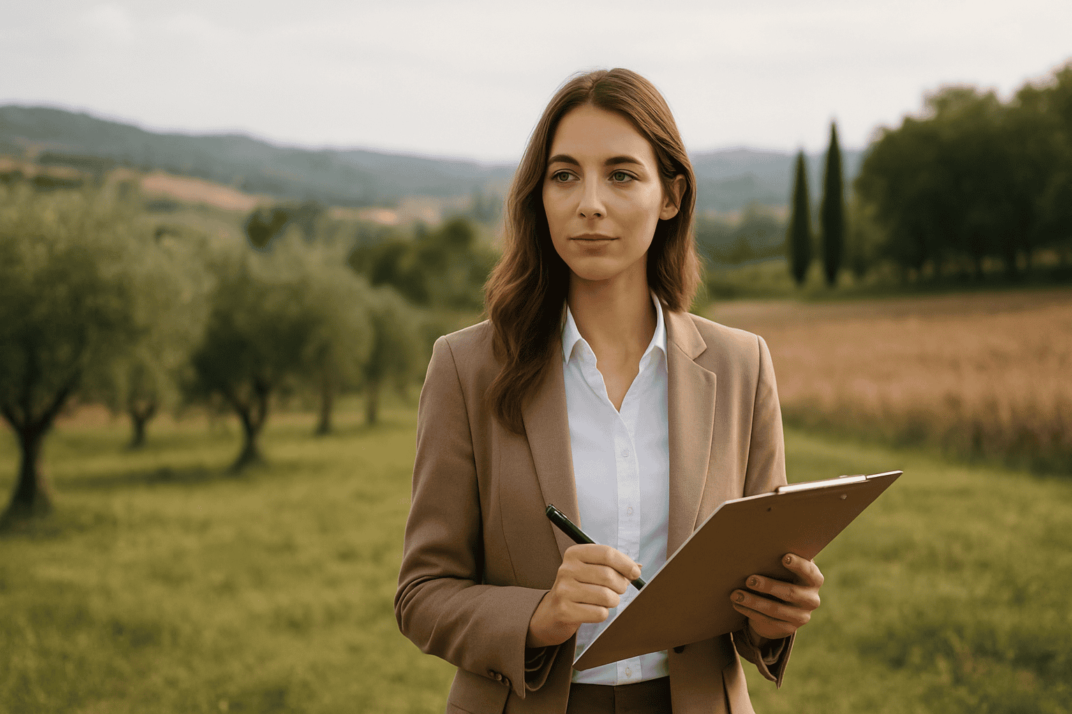 Professional woman with a notepad in a rural landscape, planning locations and exclusive services for weddings, representing high-quality event organization.