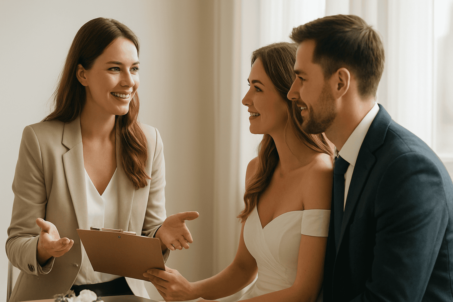 Boldog ifjú pár, akik egy olasz wedding plannerrel találkoznak egy esküvő előtti konzultáció során, elegáns és világos környezetben.
