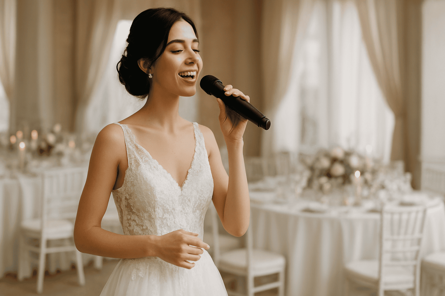 上品で明るい空間の結婚披露宴でマイクを手にする花嫁衣装の女性。ChiaraB Eventsの特別なエンターテインメントを表している。