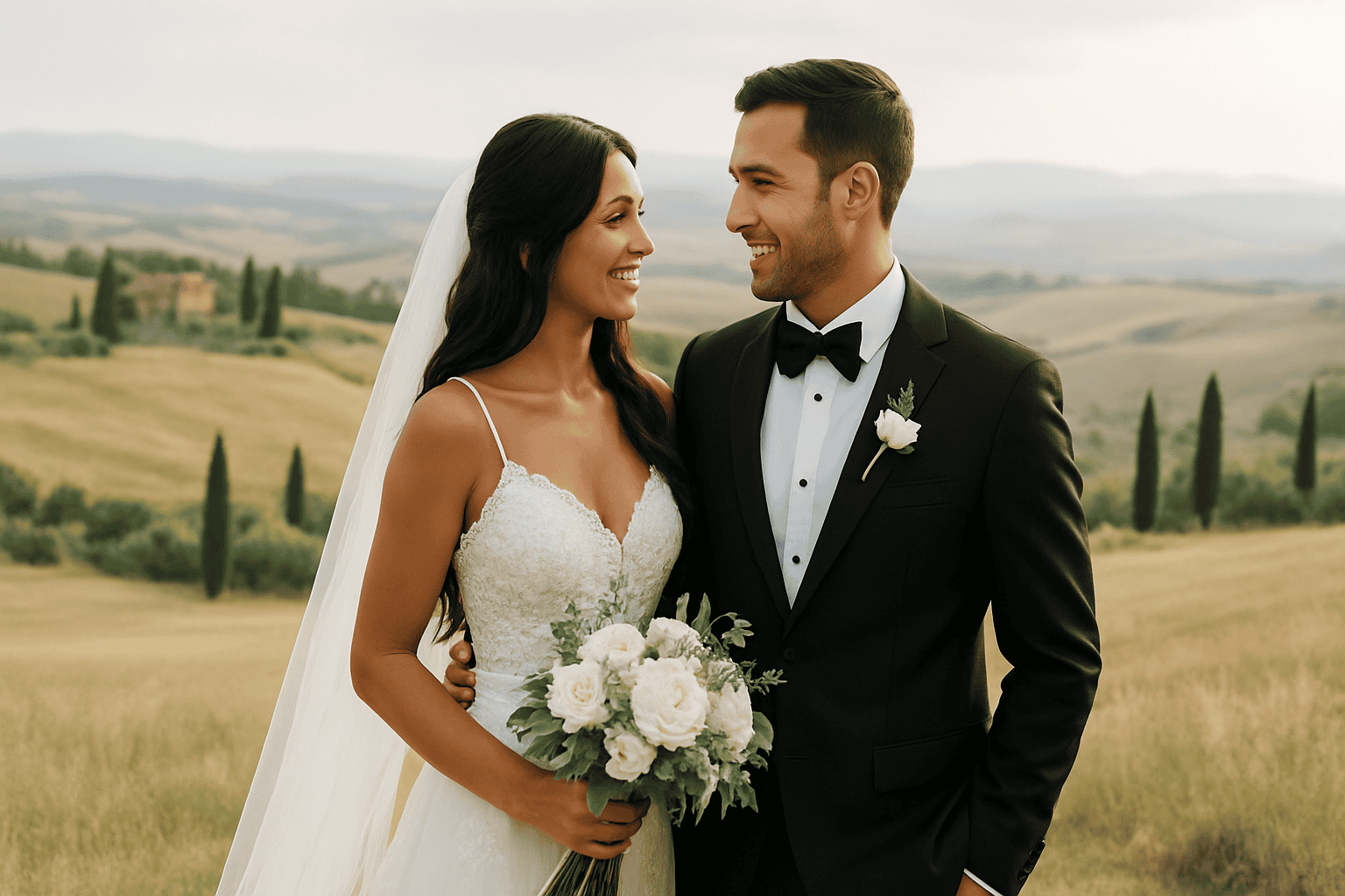 Boldog pár a toszkánai esküvőn, amelyet a ChiaraB Events Wedding Planner tervezett, hangulatos tájakkal és romantikus atmoszférával.