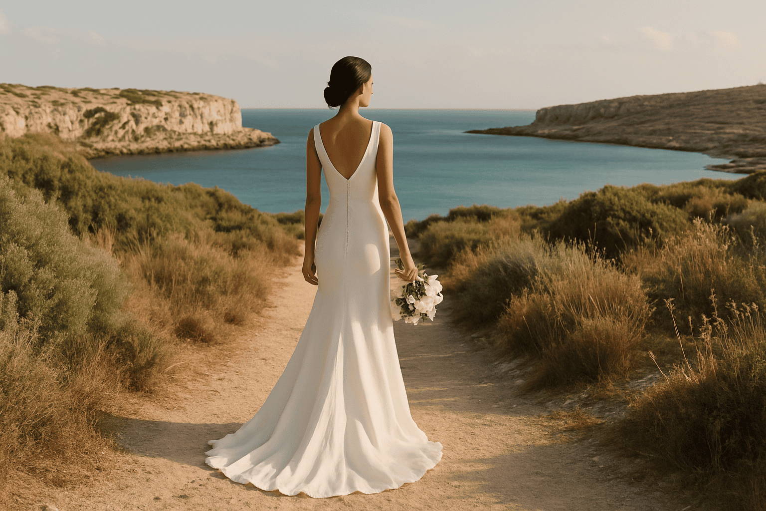 Sposa in abito bianco lungo con bouquet, vista panoramica su mare e scogli di Favignana, perfetta per matrimoni esclusivi e da sogno.