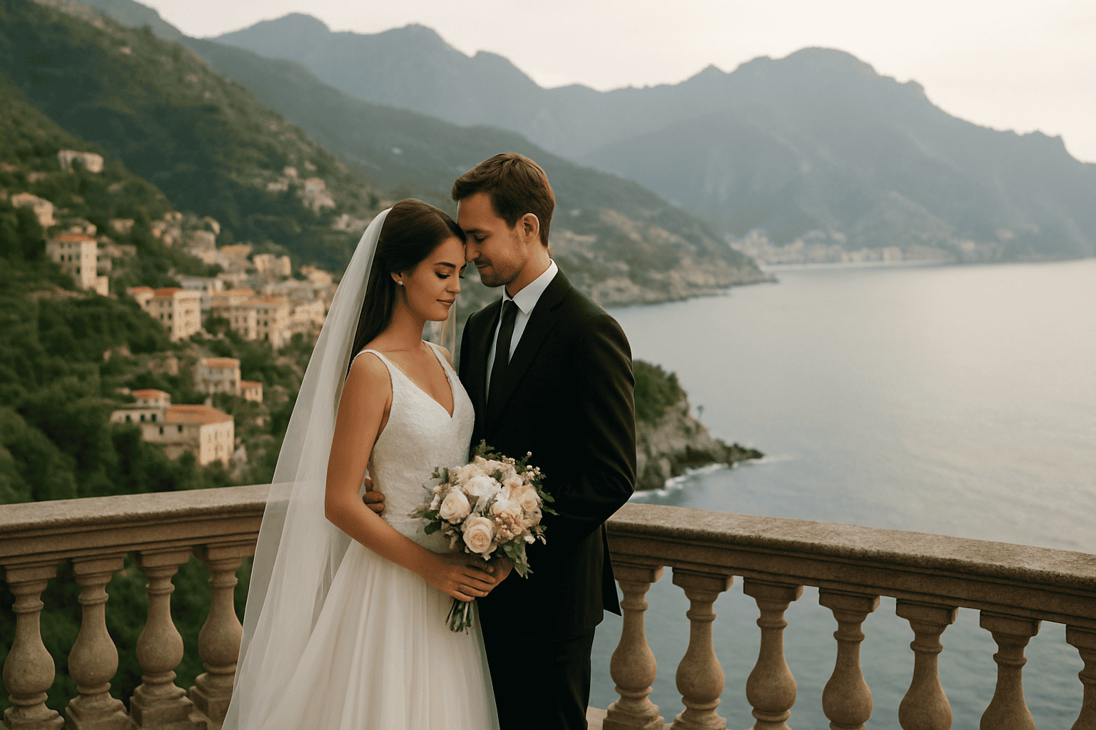 Esküvői ruhát viselő ifjú pár a teraszon, kilátással az Amalfi-partra, tökéletes egy destination weddinghez Olaszországban.