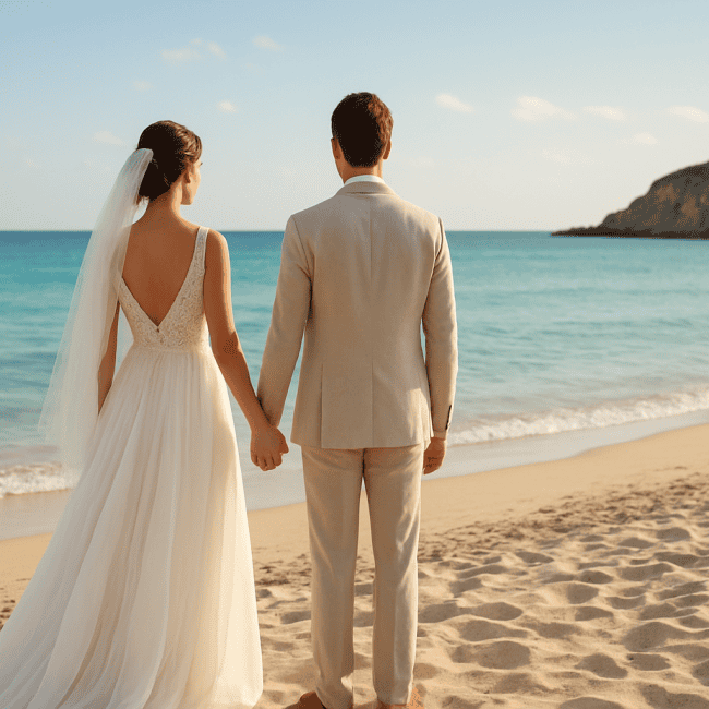 Matrimonio sulla spiaggia in Sicilia con coppia di sposi in abiti eleganti, vista mare e paesaggio naturale, perfetto per un matrimonio sulla sabbia.
