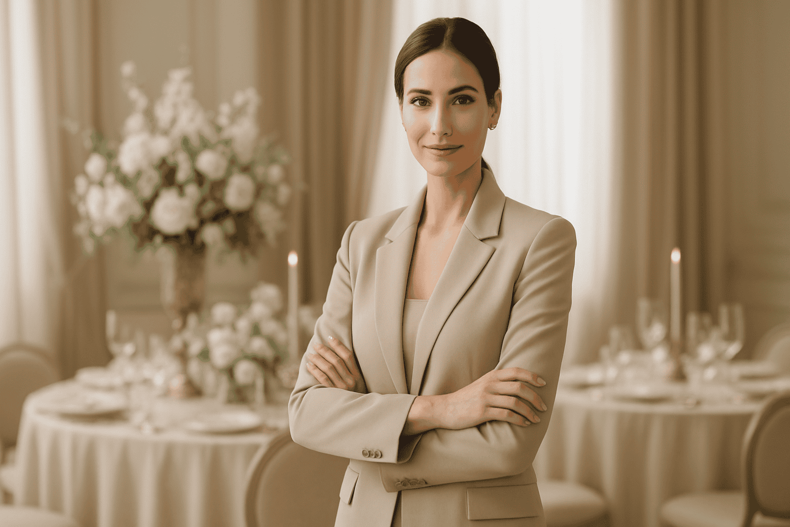 ChiaraB Events professzionális női munkatársa, esküvőszervező, kifinomult környezetben, virágdekorációkkal és luxuseseményre megterített asztalokkal.