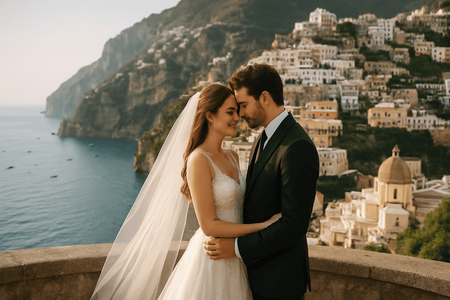 Boldog ifjú pár panorámás kilátással az Amalfi-partra, tökéletes álomesküvőkhöz Olaszországban. Professzionális és személyre szabott esküvőszervezési szolgáltatások.