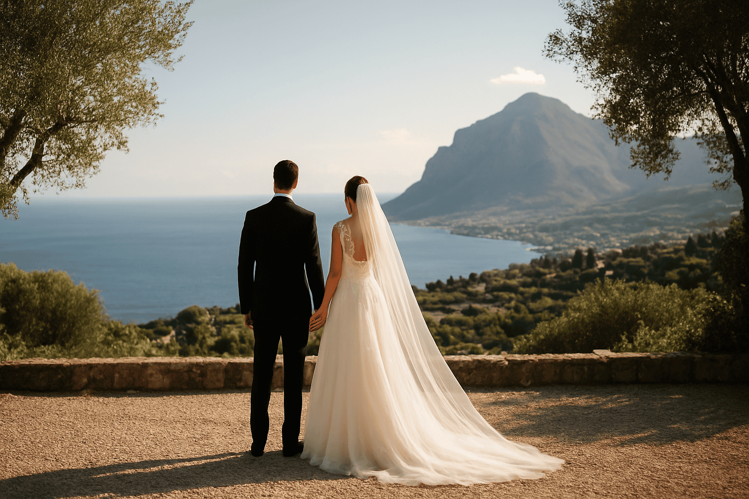 Newlyweds in Sicily with sea and mountain views, an exclusive venue for dream weddings, organized by ChiaraB Events Wedding Planner.