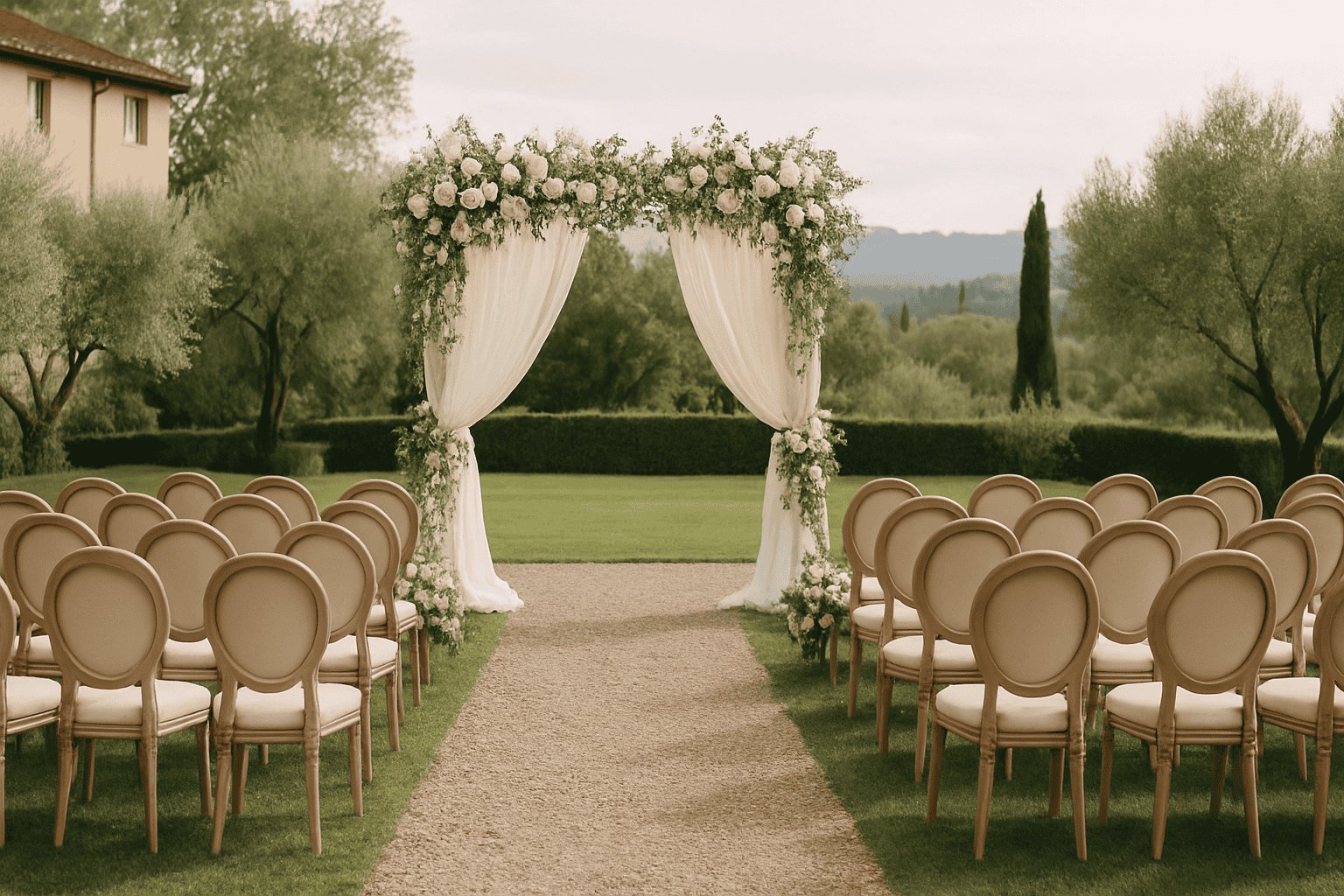 Archway decorated with white flowers and elegant fabrics, perfect for dream outdoor weddings. Exclusive and refined venue, ideal for unforgettable ceremonies.