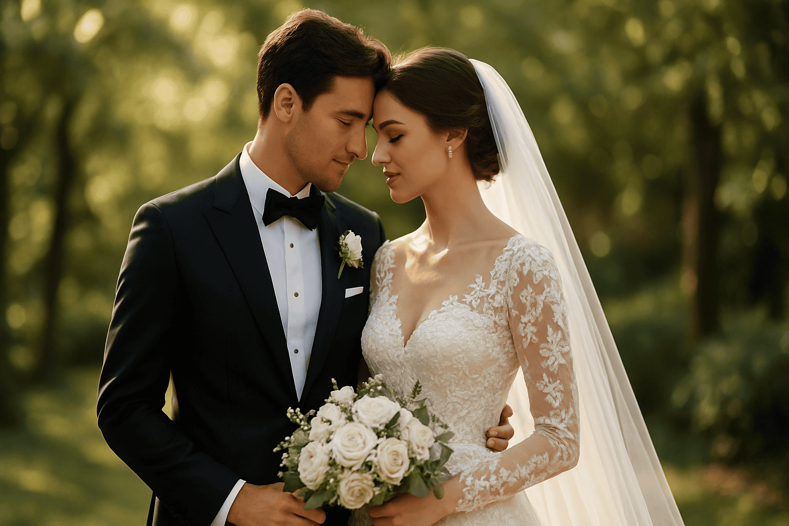 Bride and groom in elegant wedding attire, immersed in a natural setting, perfect for a luxury and well-organized wedding.