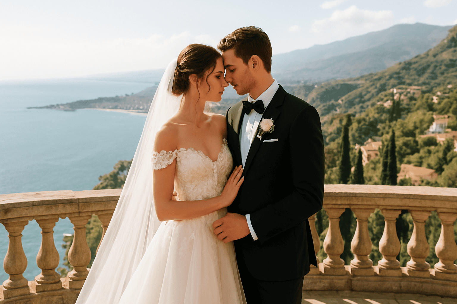 A couple of newlyweds in elegant attire during their wedding in Sicily, with a panoramic view of the sea and hills, perfect for a luxury wedding.