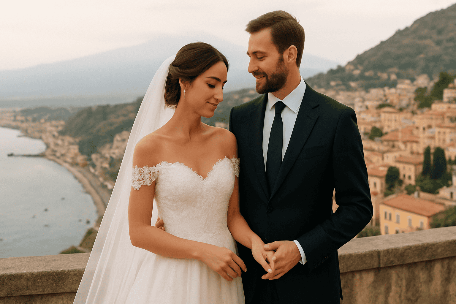 Boldog ifjú pár a szicíliai esküvőn, lélegzetelállító tájjal a tenger és a dombok felett, a ChiaraB Events Wedding Planner szervezésében.