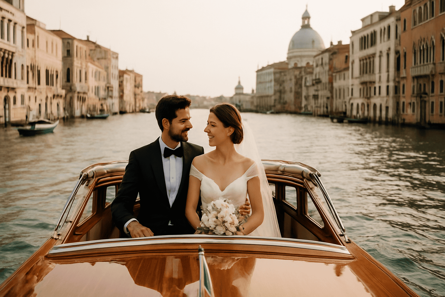 Pareja de recién casados felices en una góndola en Venecia, con el panorama de la ciudad y el Gran Canal de fondo, durante una boda romántica y bien organizada.