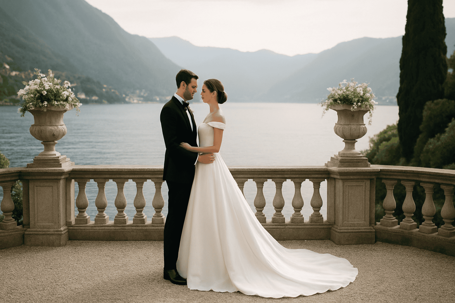 Menyasszonyi ruhában és vőlegényöltönyben az ifjú pár egy romantikus esküvőn a Villa d’Este-ben, a Comói-tóra néző kilátással, lélegzetelállító táj és kifinomult elegancia hangulata által körülvéve.