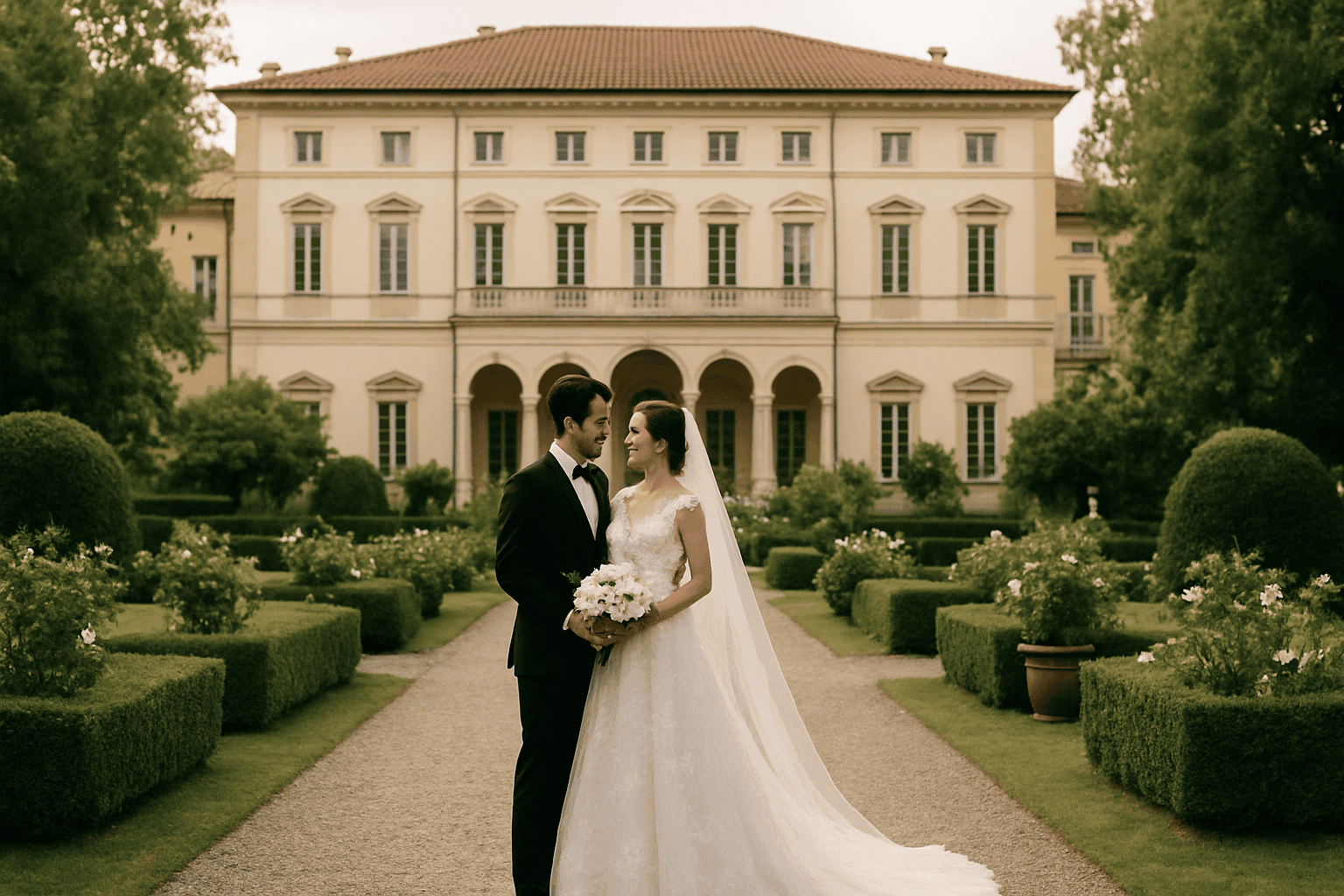 Menyasszony menyasszonyi ruhában és vőlegény elegáns öltönyben a Villa Marchese del Grillo előtt, luxus és hagyomány helyszíne egy felejthetetlen esküvőhöz.