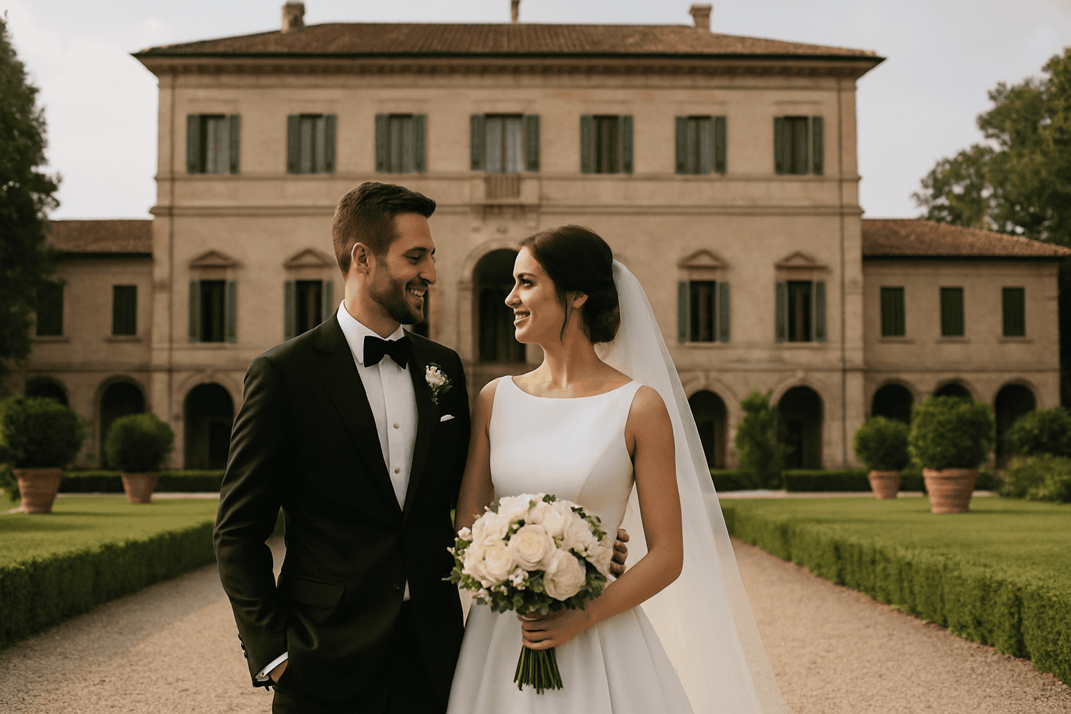 Elegáns ruhába öltözött ifjú pár a Palazzo delle Biscie előtt, exkluzív esküvők történelmi helyszíne.