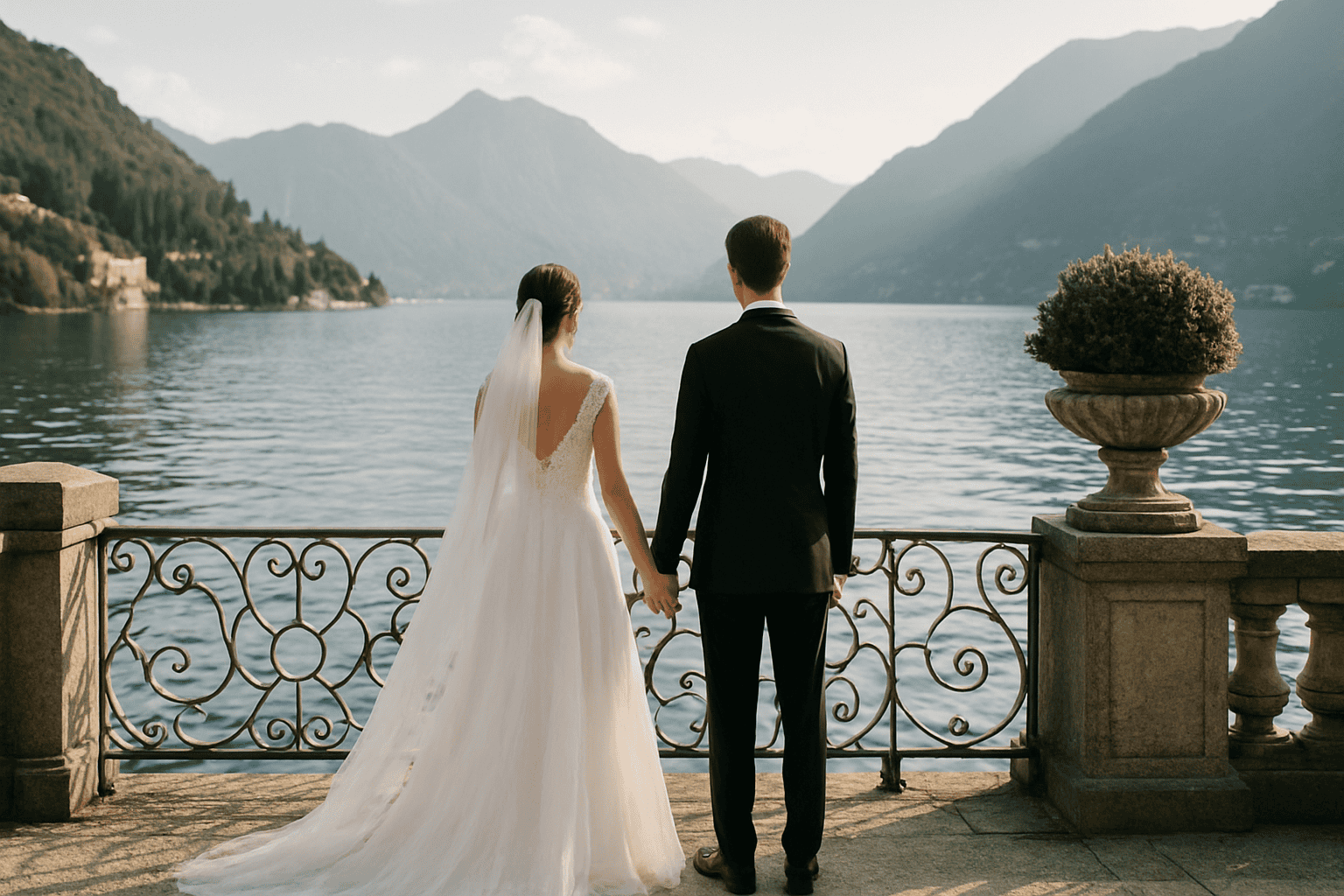 Bride and groom in front of Lake Como with a view of the mountains, the perfect setting for a dream wedding and an exclusive location, organized by ChiaraB Events.