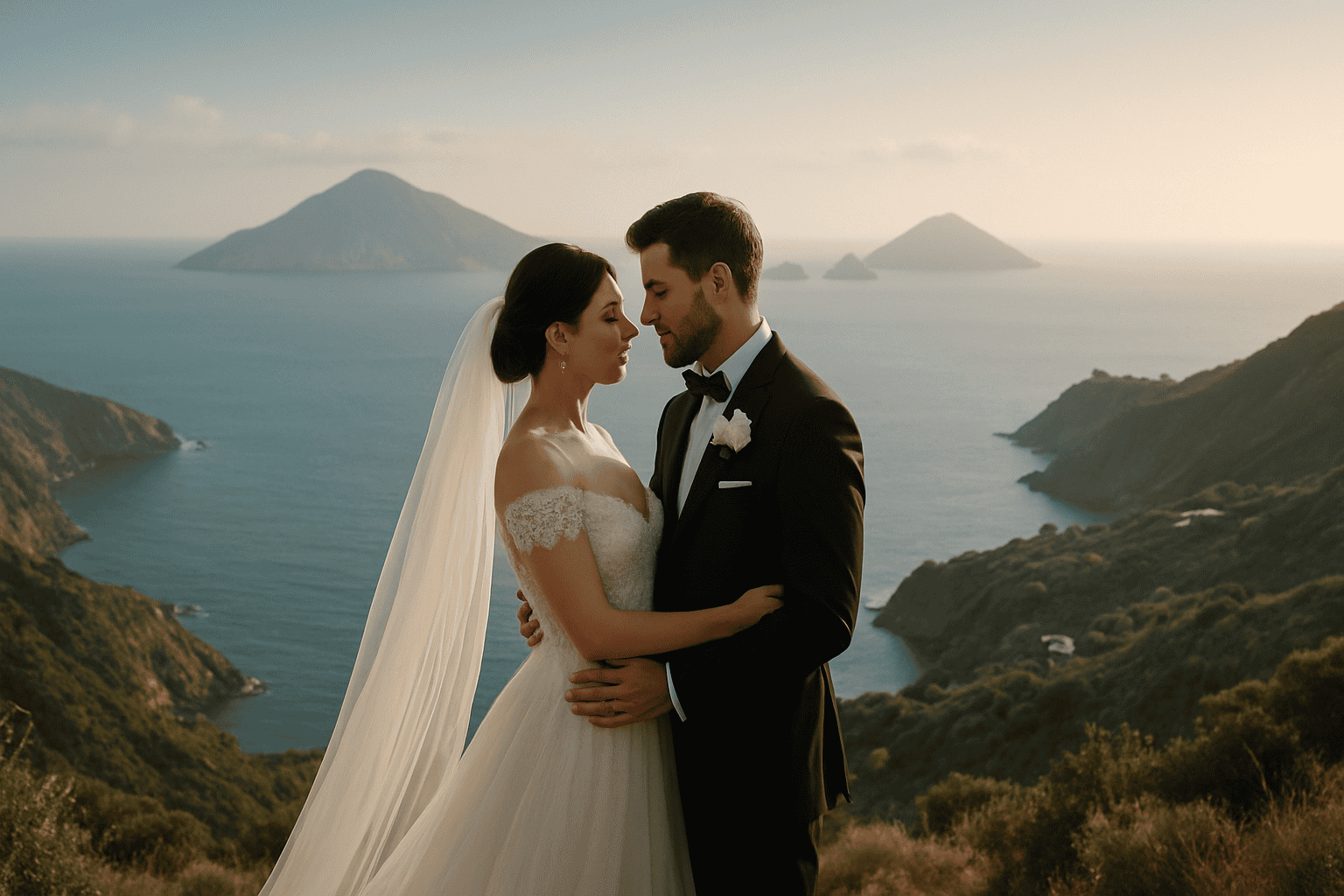 Elegáns menyasszonyi ruhát viselő ifjú pár, a háttérben a Lipari-szigetek lélegzetelállító panorámájával.