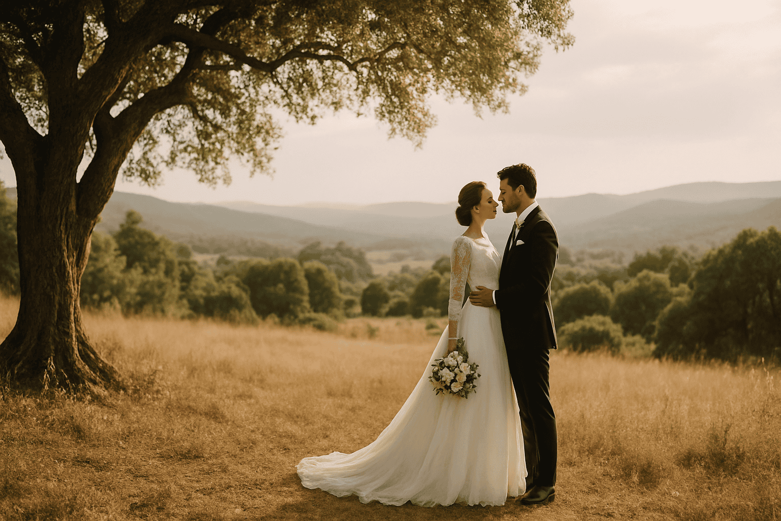 Newlyweds at a luxury wedding in Maremma, immersed in unspoiled nature, with a breathtaking landscape and a romantic atmosphere perfect for an exclusive event.