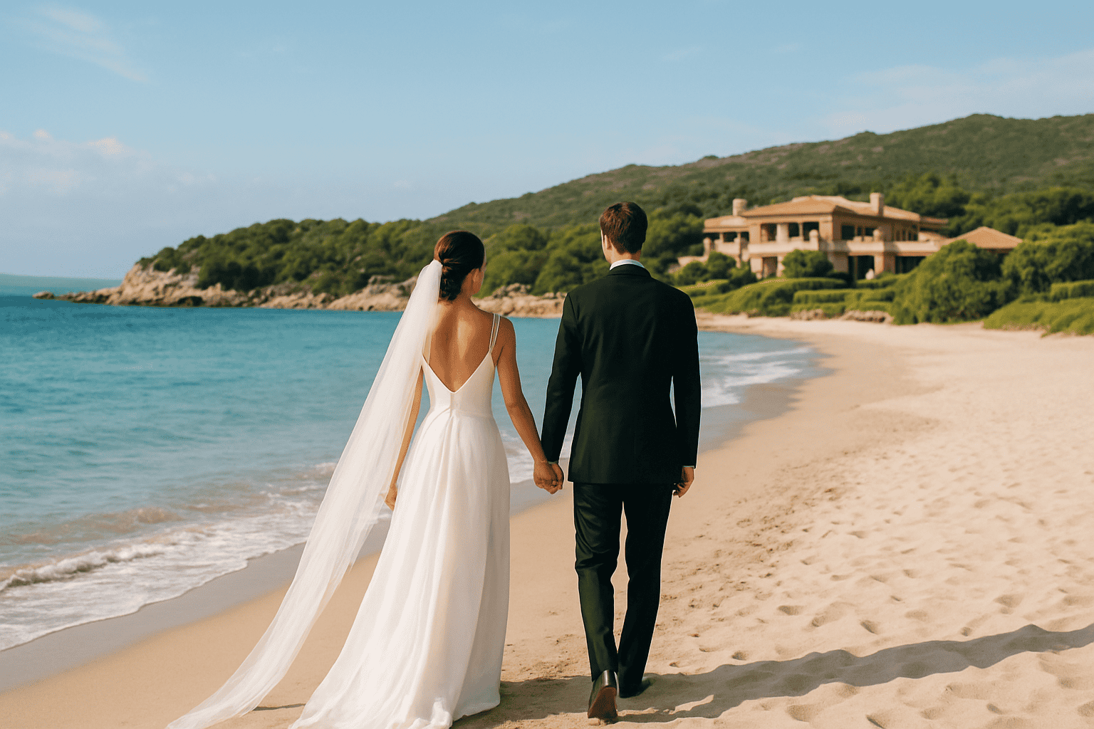 Bride and groom in a wedding dress and groom's suit walk along a Sardinian beach, ideal for exclusive and romantic weddings.