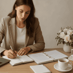 Un'analista donna che pianifica un progetto nozze, con documenti, laptop e fiori, rappresentando l'organizzazione e la priorità nel metodo di trasformazione dell'idea iniziale in un matrimonio concret.