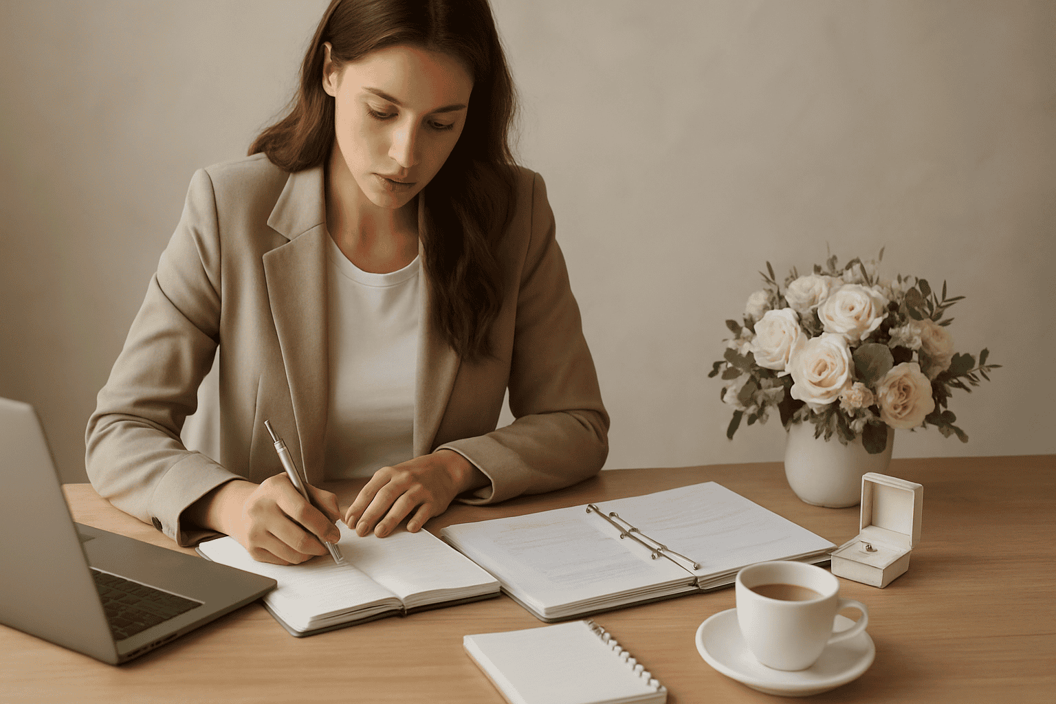 Un'analista donna che pianifica un progetto nozze, con documenti, laptop e fiori, rappresentando l'organizzazione e la priorità nel metodo di trasformazione dell'idea iniziale in un matrimonio concret.