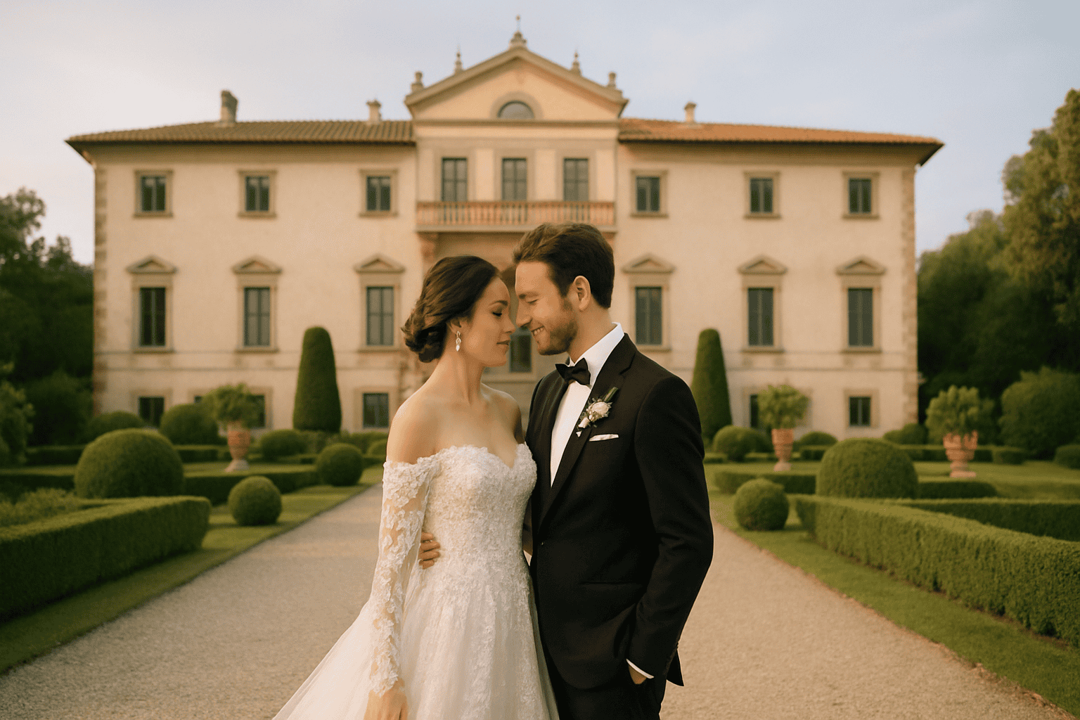 Esküvői ruhás pár egy történelmi villa előtt, tökéletes destination weddingekhez és elegáns szertartásokhoz Olaszországban.