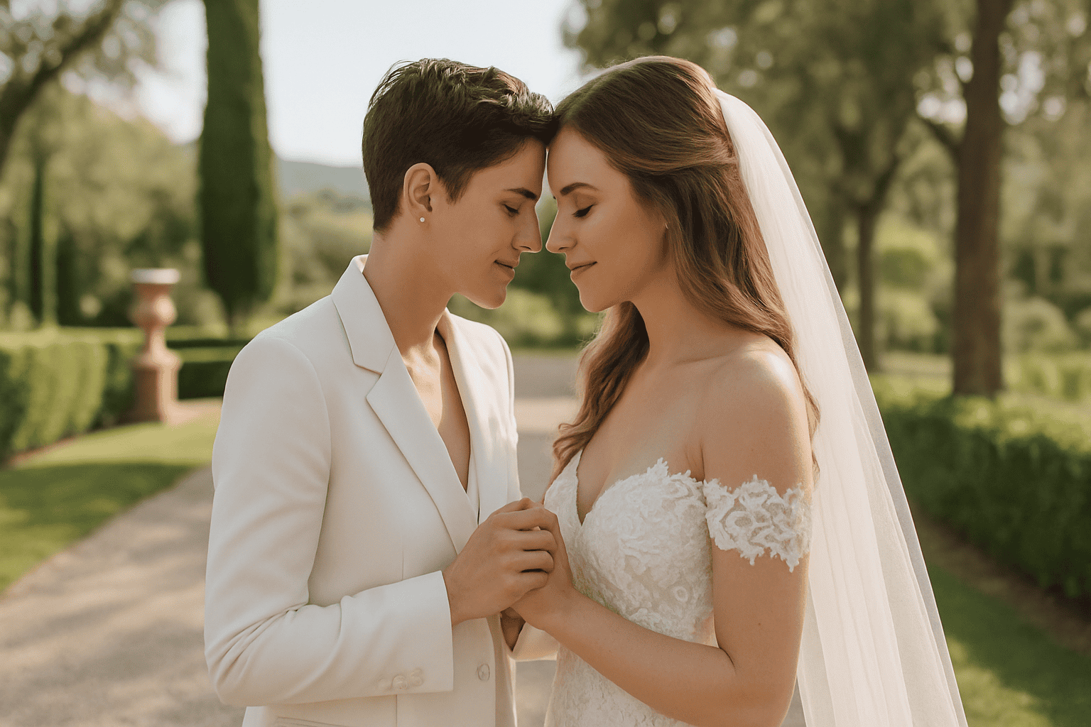 Two LGBTQ+ brides hold hands during their outdoor wedding, surrounded by nature and natural light, celebrating love and inclusion in Italy.