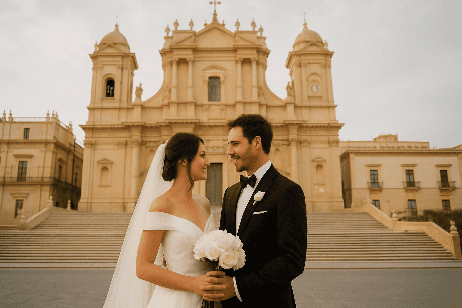 ChiaraB Eventsが手がけた結婚式に向けて準備万端の、ノート大聖堂の前に立つ幸せな新郎新婦。シチリアのウェディングプランナーのエキスパート。