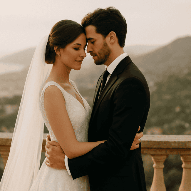Coppia di sposi in abiti eleganti si abbracciano con sfondo paesaggio siciliano al tramonto, perfetto per un matrimonio suggestivo e tradizionale.