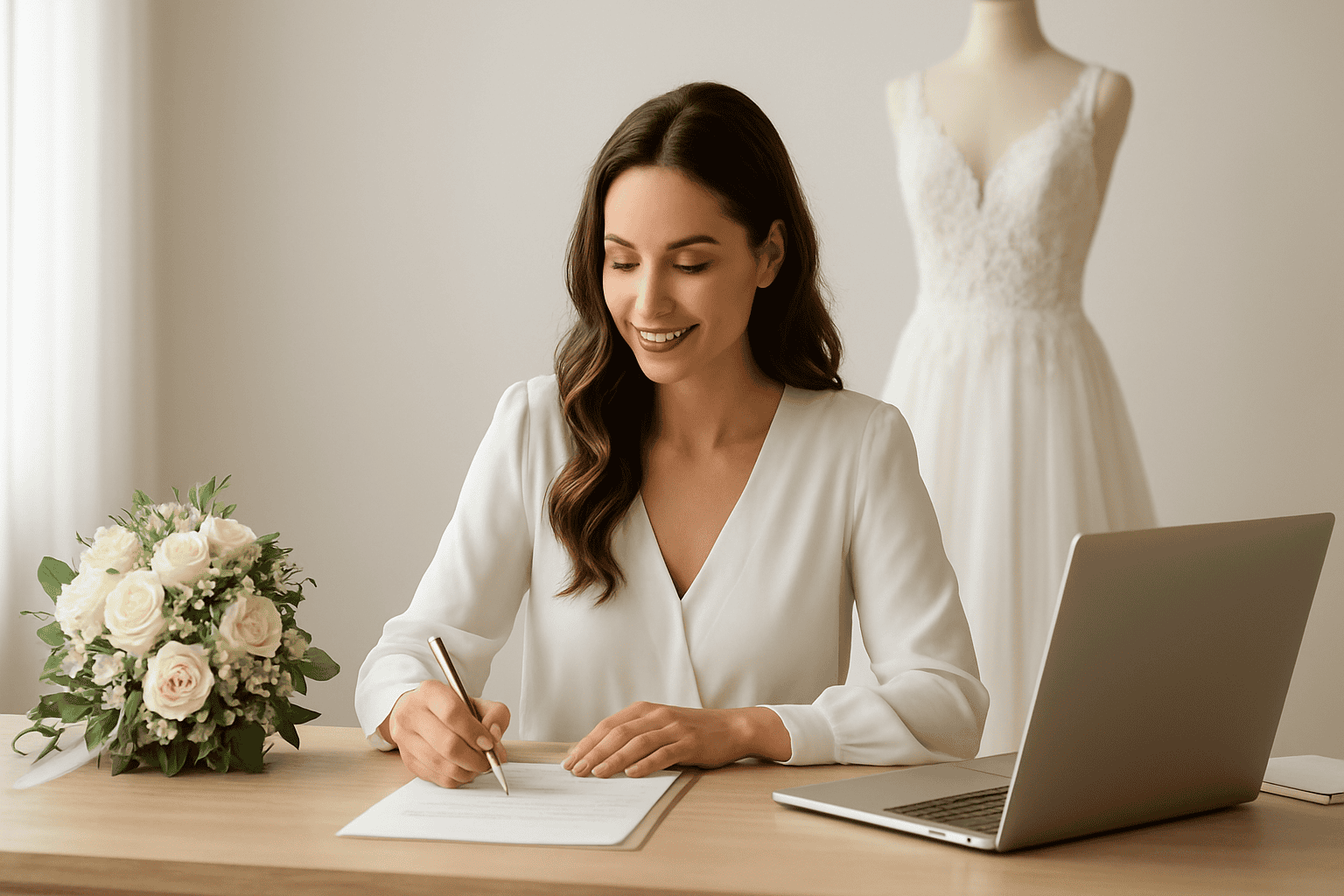 Profesjonalna wedding plannerka organizująca śluby, z kwiatami i suknią ślubną, gwarantująca idealne wydarzenie bez stresu.