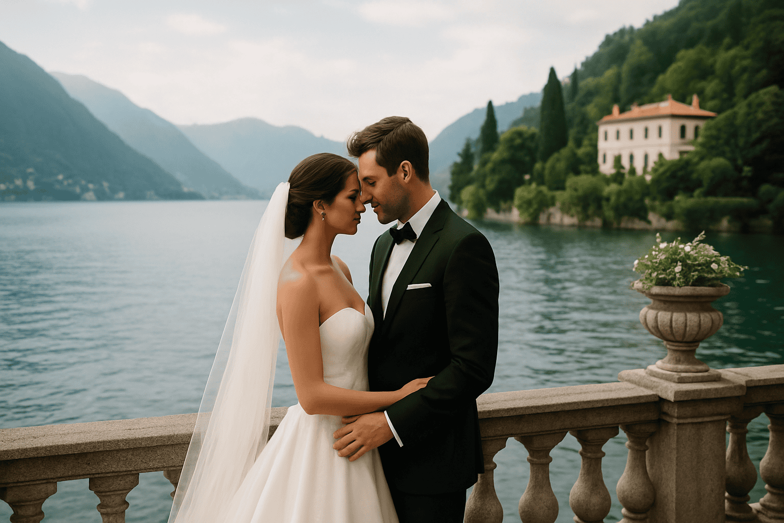 कोमो झील पर एक लक्ज़री शादी में दूल्हा-दुल्हन का जोड़ा, पृष्ठभूमि में पहाड़ी परिदृश्य और ऐतिहासिक विला के साथ, एक विशिष्ट और रोमांटिक शादी के लिए परफेक्ट।
