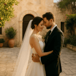 Coppia di sposi in un romantico matrimonio all'aperto in una location storica, con decorazioni eleganti e atmosfera intima, perfetta per un matrimonio da sogno.