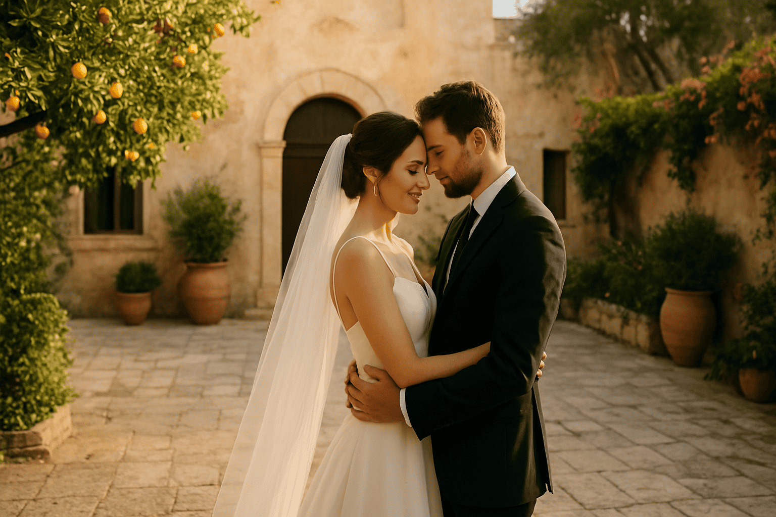 Coppia di sposi in un romantico matrimonio all'aperto in una location storica, con decorazioni eleganti e atmosfera intima, perfetta per un matrimonio da sogno.