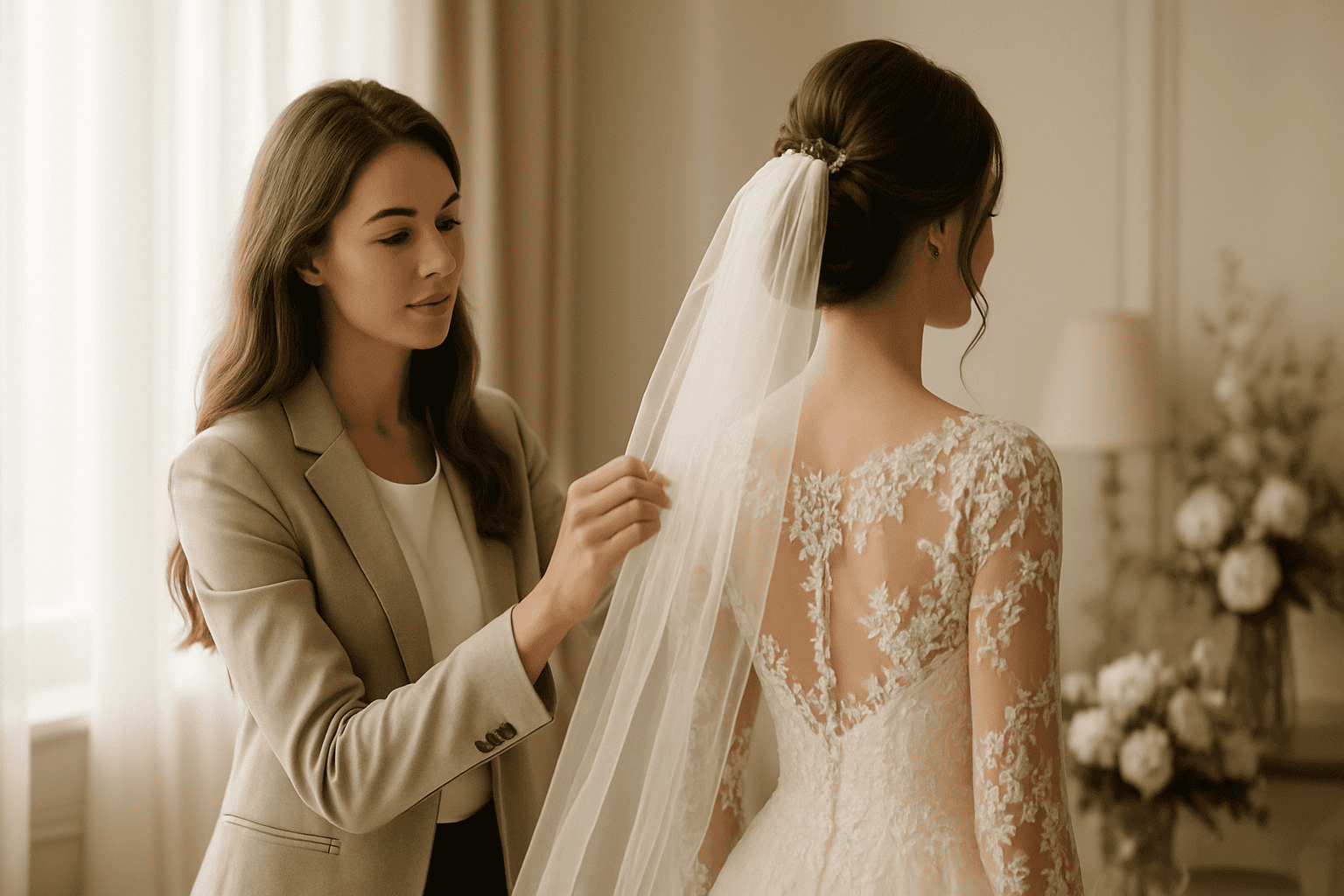 Asystentka wedding plannera pomagająca pannie młodej przygotować się do luksusowego ślubu.