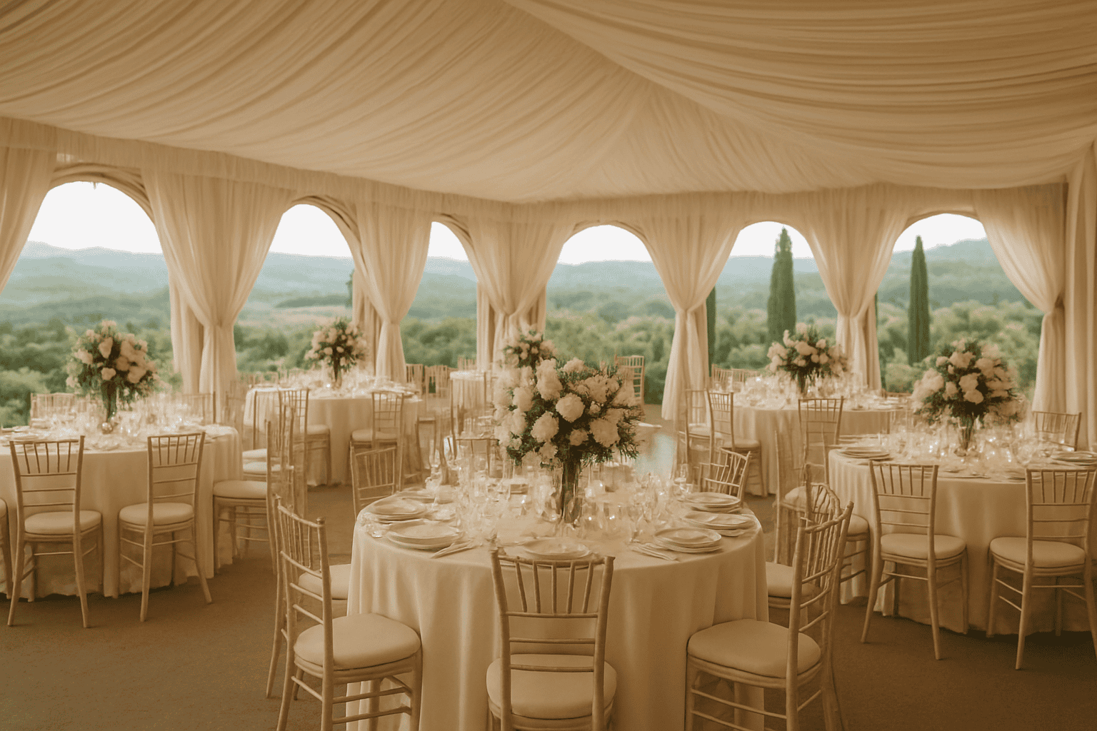 Carpa tensada elegante en Toscana con mobiliario refinado y decoraciones florales para bodas y eventos al aire libre. Soluciones indoor y outdoor para una boda inolvidable.