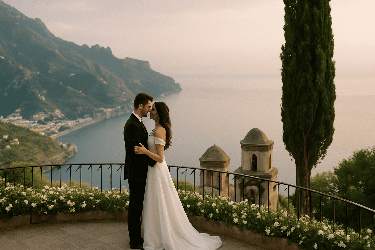 Novios con traje de ceremonia con una vista impresionante de la costa de Ravello, ubicación perfecta para bodas románticas, ceremonias y cenas al atardecer.