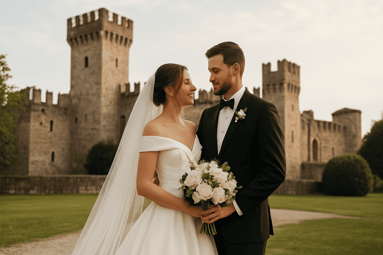 Boldog ifjú pár a goriziai Castelvecchio kastély előtt, a hercegi esküvő alatt, elegáns és romantikus részletekkel.