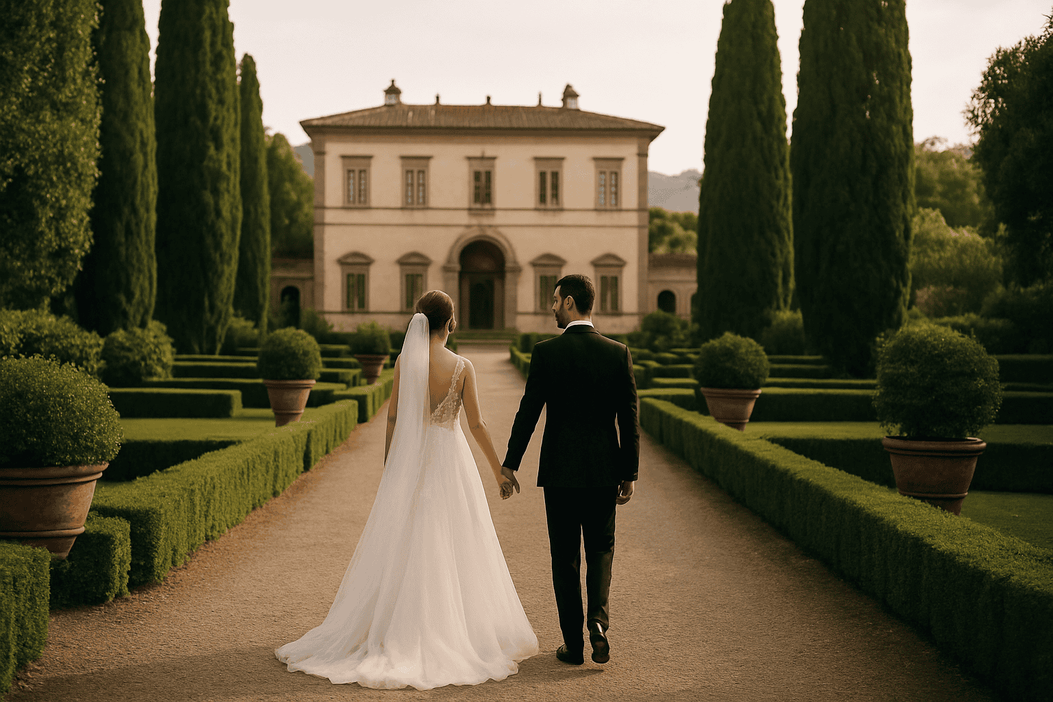 Sposi in abito da sposa e abito da sposo che camminano mano nella mano nel giardino di una villa storica a Lucca, perfetta per matrimoni di classe.