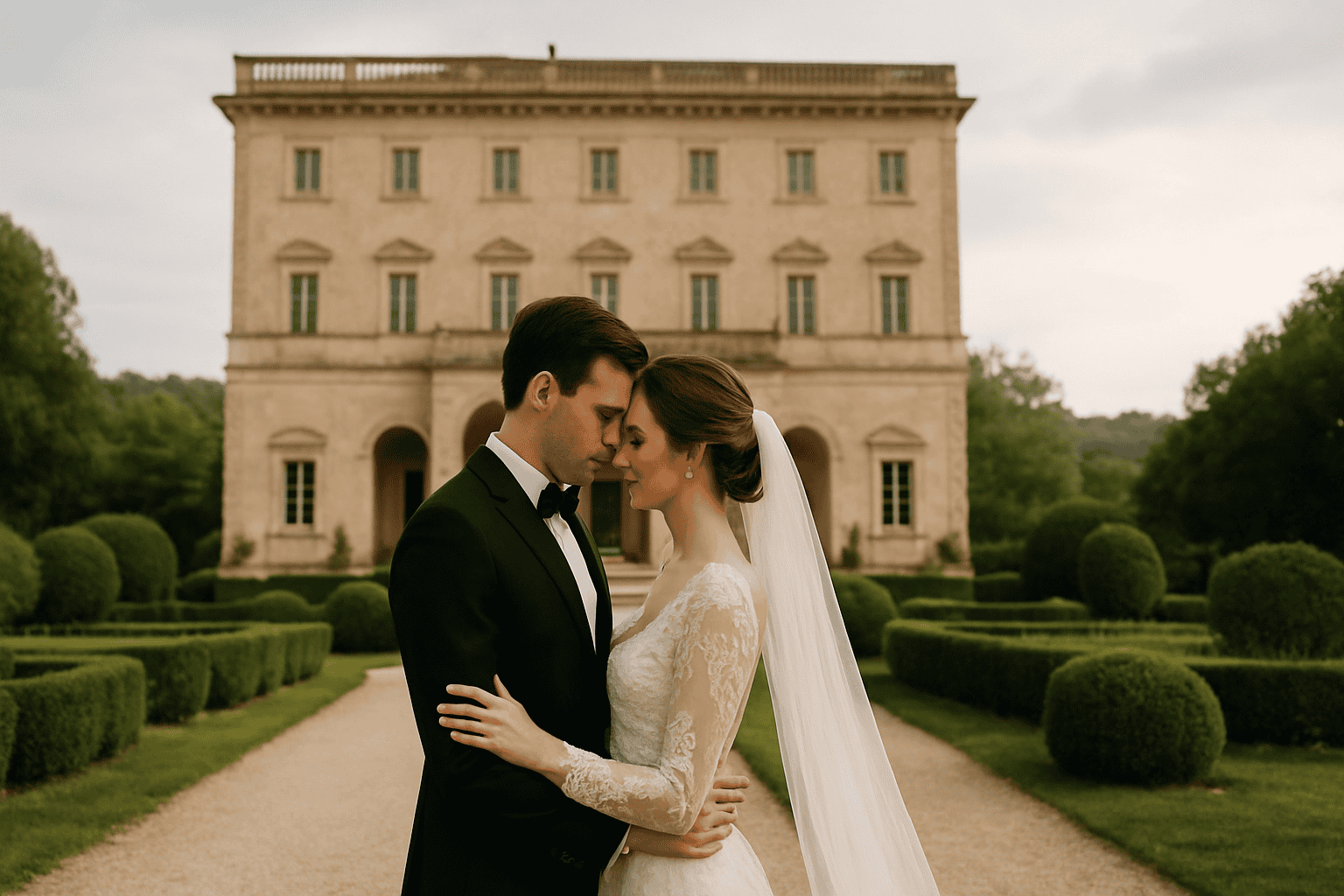 Dominio di Bagnoliで結婚式衣装をまとった新郎新婦。手入れの行き届いた庭園と歴史的建築を備えた、おとぎ話のような結婚式に理想的な歴史あるロケーション。