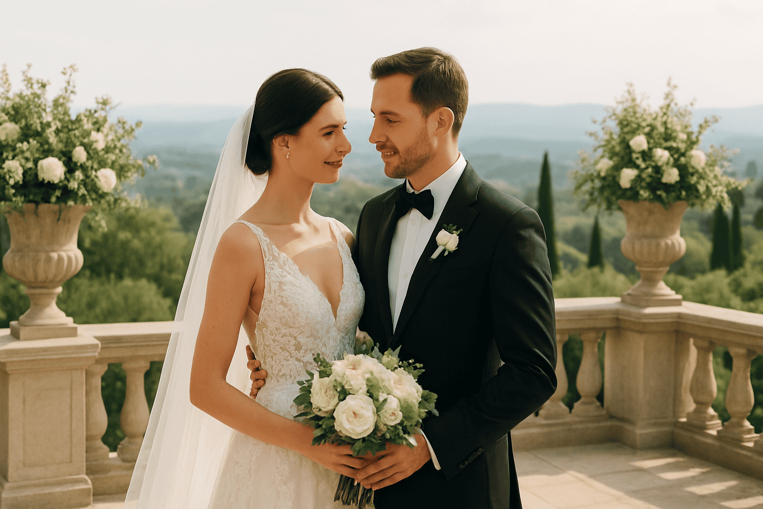 Couple of newlyweds in elegant outfits during the wedding in an exclusive venue in Tuscany, with a panoramic view and floral decorations, perfect for dream weddings in 2025.