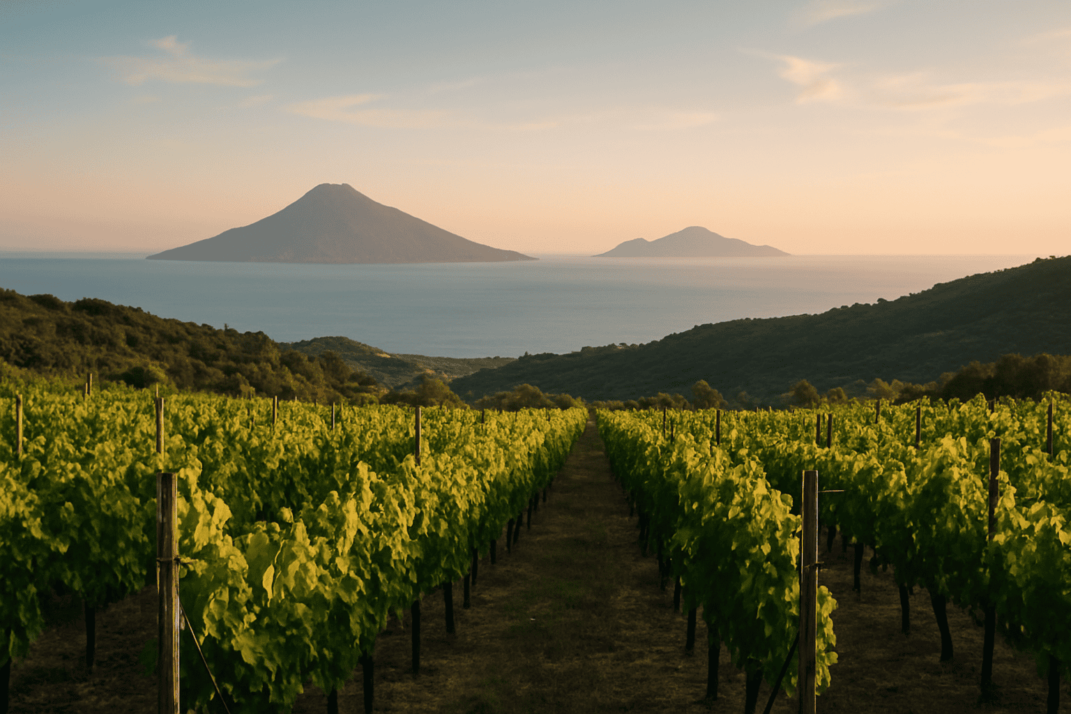Vigneti sulla Tenuta di Castellaro con vista su Vulcano e le Isole Eolie al tramonto, perfetta location per matrimoni romantici e eventi esclusivi.