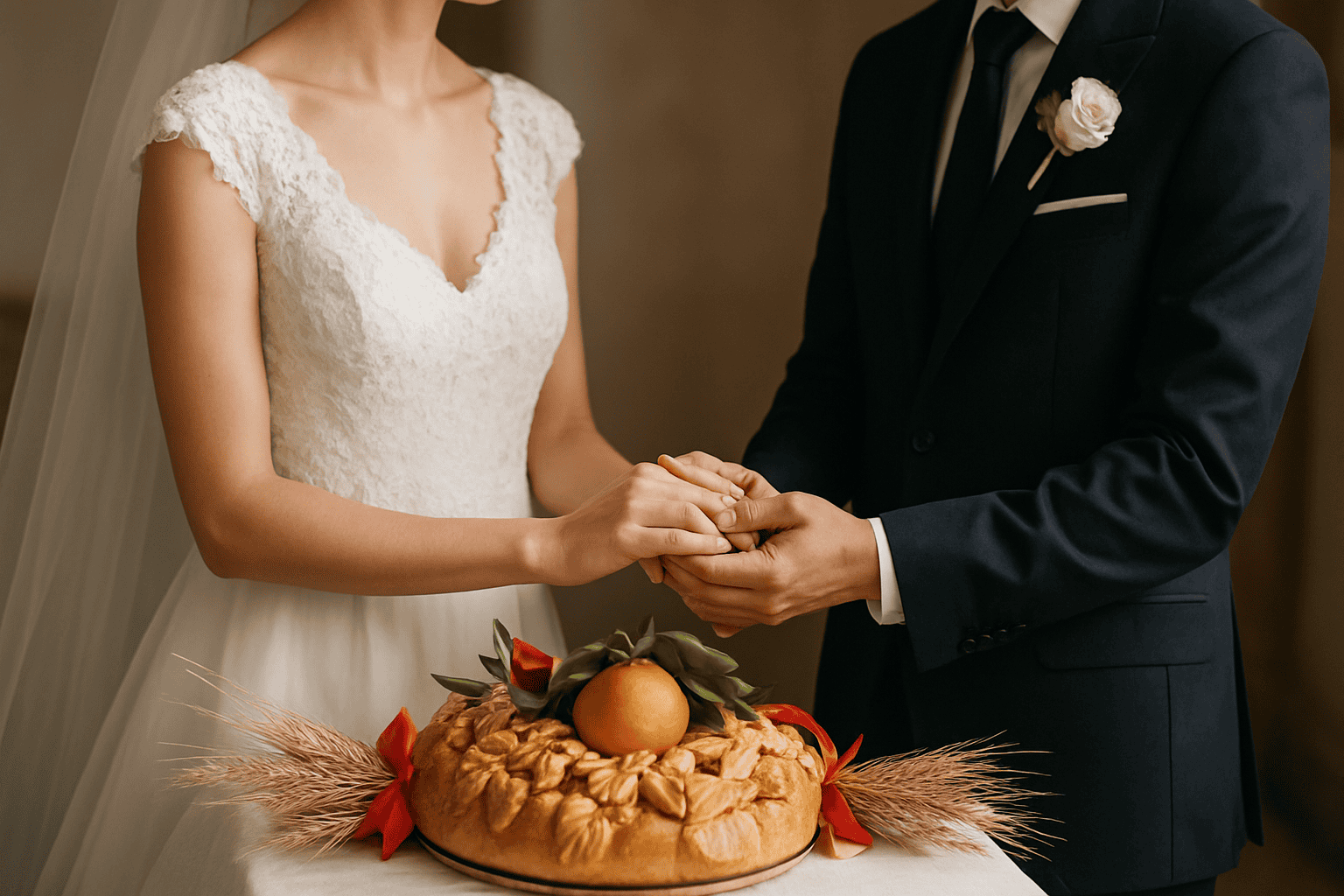 A couple of newlyweds in elegant attire during the Sicilian wedding rite, with traditional symbols and a typical dessert on the table.