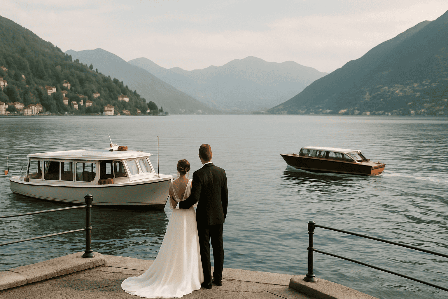 Pár novomanželů, který se dívá na jezero Como s loděmi a horami v pozadí, ideální pro služby wedding planningu a dopravy po jezeře.