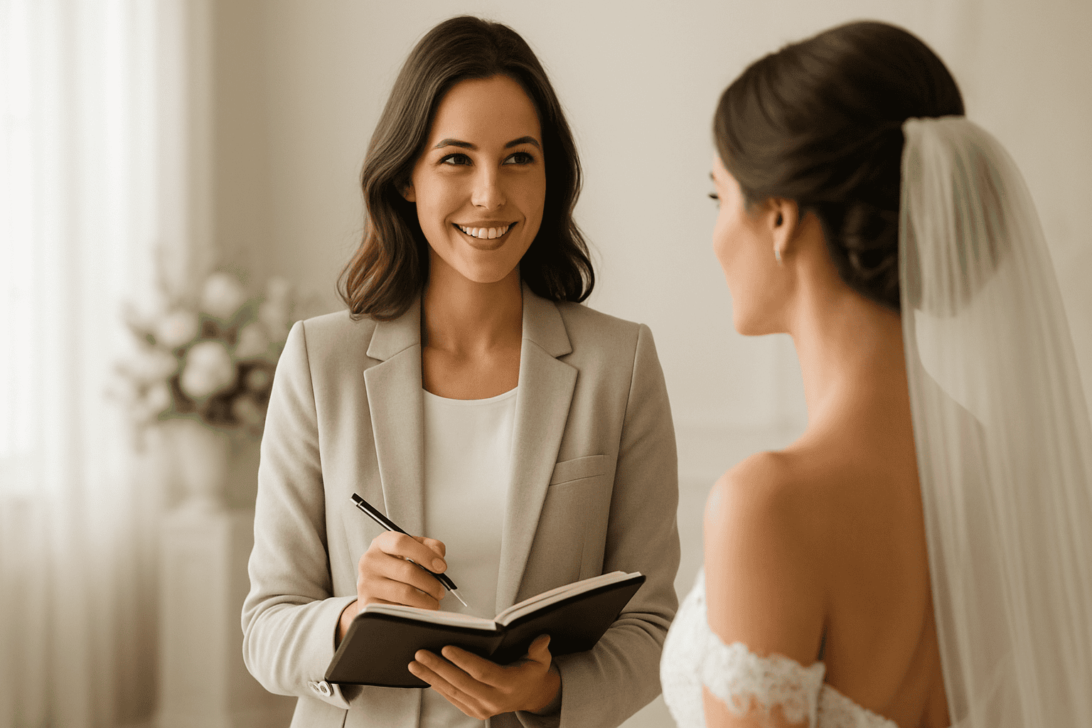 結婚式の計画中に、花嫁の話を聞きアドバイスするプロのウェディングプランナー。忘れられないイベントを創り上げる。