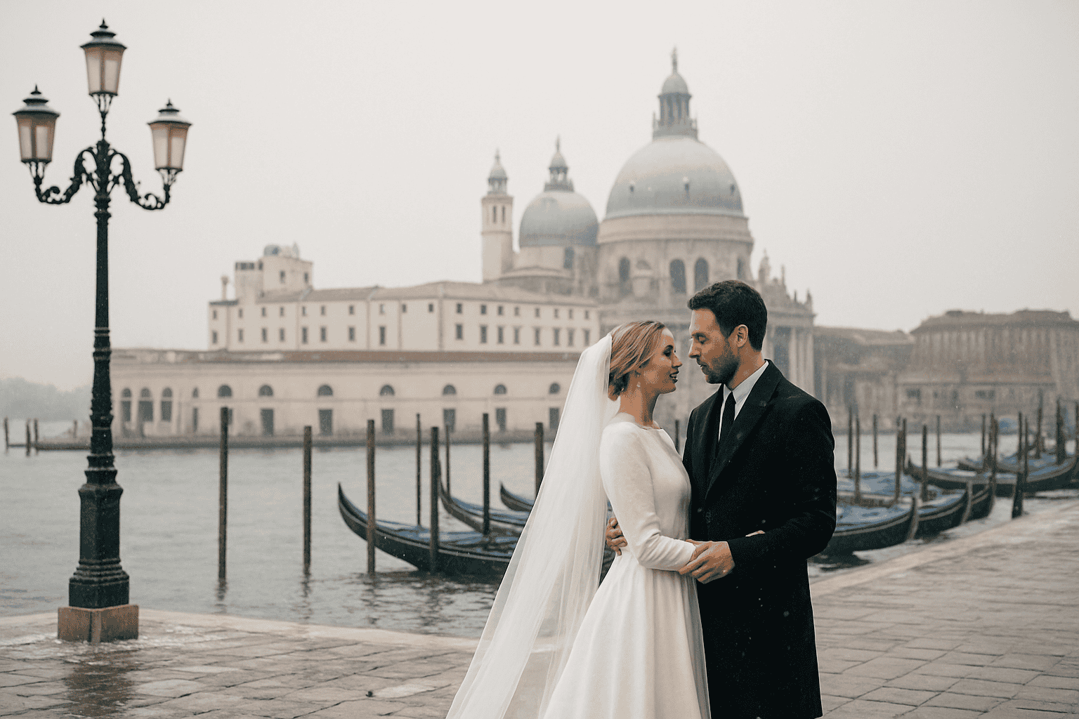 Winter wedding in Venice with a couple in bridal and groom attire, on the waterfront with gondolas and the panorama of the Basilica of Santa Maria della Salute in the background.