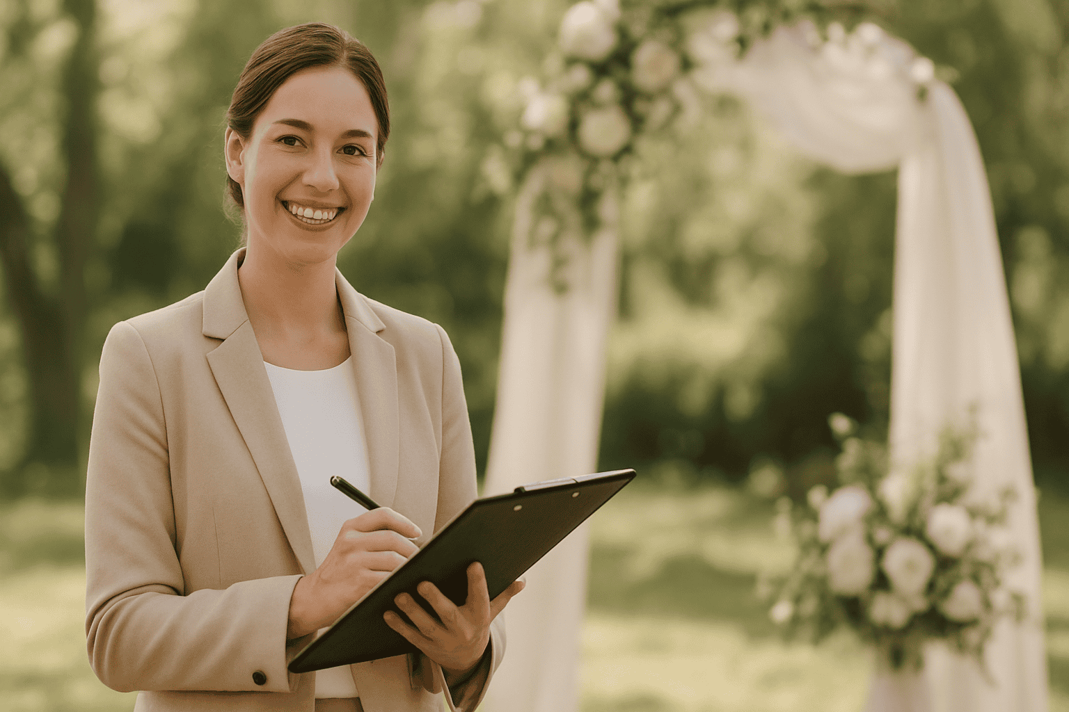 Uśmiechnięta wedding planner ChiaraB z clipboardem w ogrodzie, gotowa organizować śluby religijne, cywilne lub symboliczne z profesjonalizmem i pasją.
