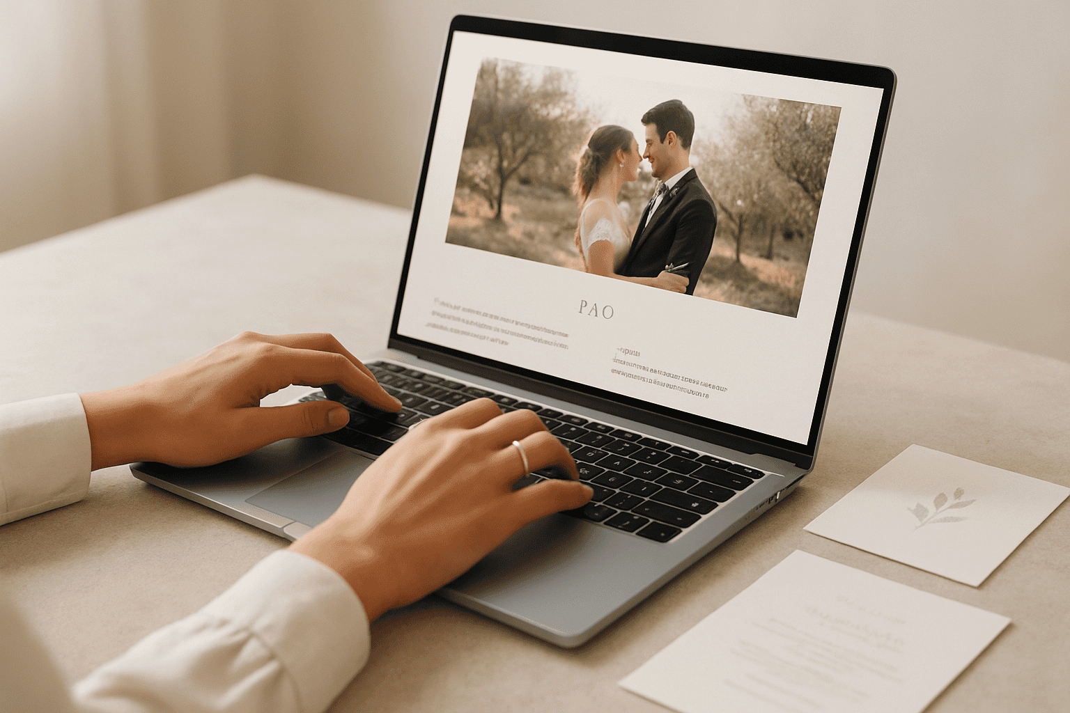 Egy esküvői weboldal képe laptopon, egy boldog párral természetes környezetben, a tökéletes esküvők megszervezését ábrázolva.