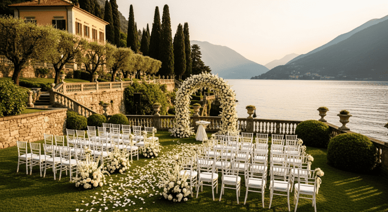 Landscape scene of a wedding ceremony by Lake Como with elegant white chairs and floral arch.