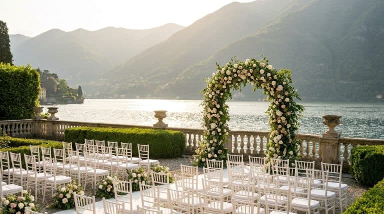 Landscape scene of a lakeside wedding venue with chairs and floral arch on Lake Como, Italy.